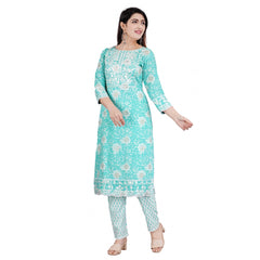 Generic Women's Casual 3/4 Sleeve Embroidered Rayon Kurti With Pant And Dupatta Set (Sea Green)