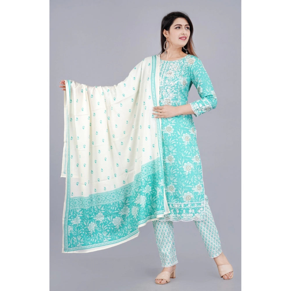 Generic Women's Casual 3/4 Sleeve Embroidered Rayon Kurti With Pant And Dupatta Set (Sea Green)