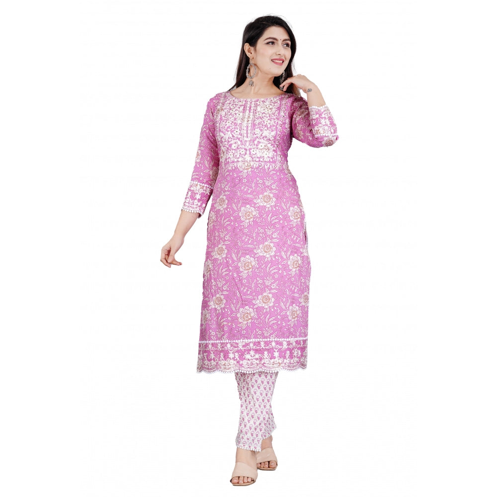 Generic Women's Casual 3/4 Sleeve Embroidered Rayon Kurti With Pant And Dupatta Set (Purple)