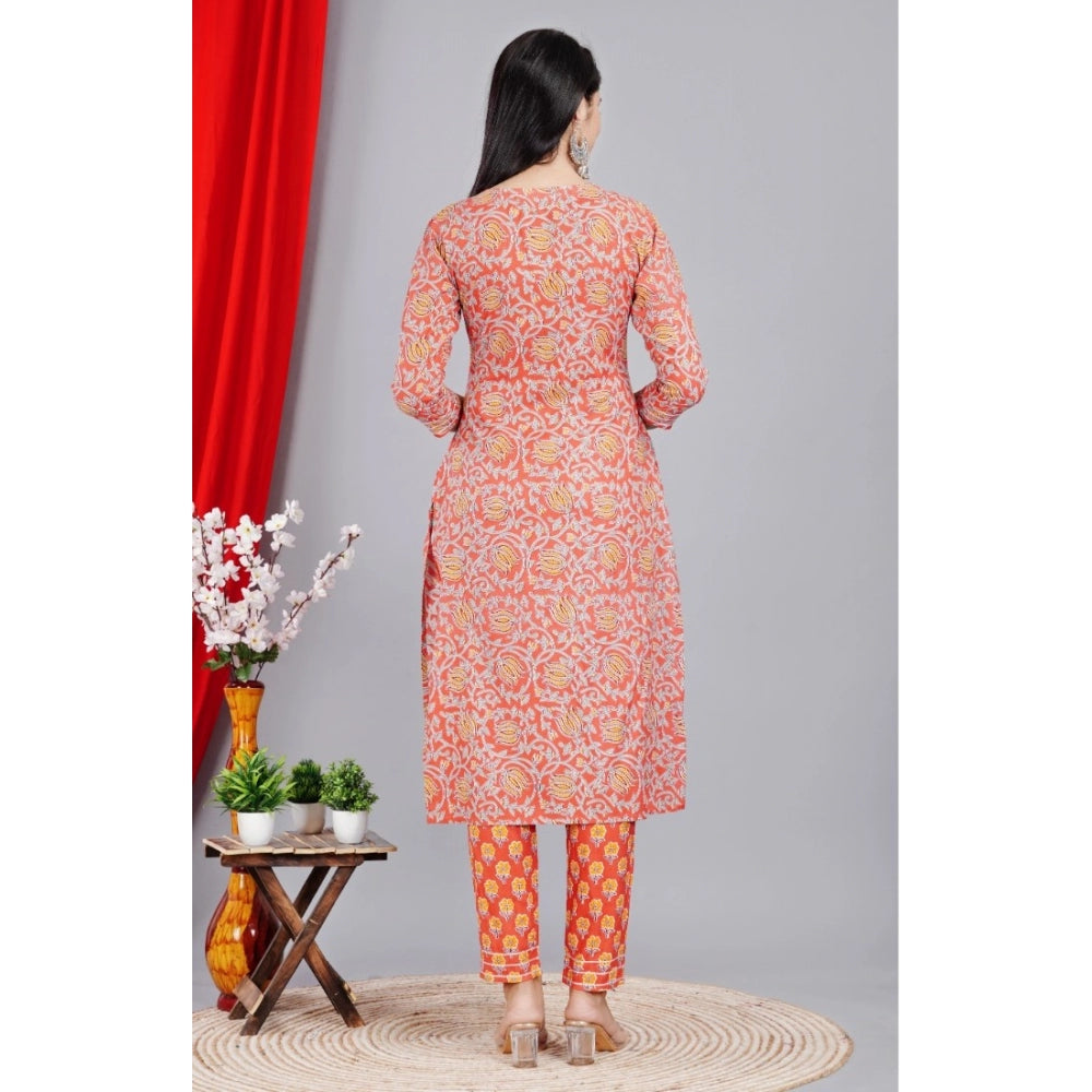 Generic Women's Casual 3/4 Sleeve Printed Rayon Kurti With Pant Set (Peach)