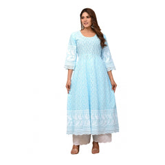 Generic Women's Casual 3/4th Sleeve Embroidered Cotton Kurti Set (Turquoise)