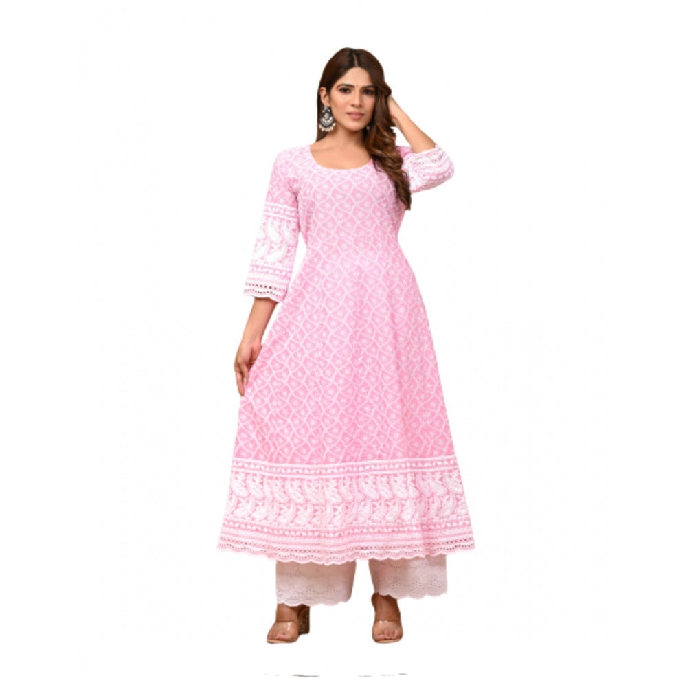 Generic Women's Casual 3/4th Sleeve Embroidered Cotton Kurti Set (Pink)