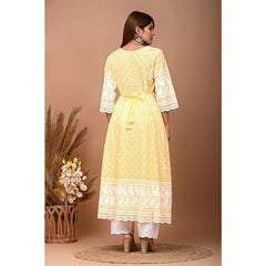 Generic Women's Casual 3/4th Sleeve Embroidered Cotton Kurti Set (Yellow)