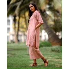 Generic Women's Casual 3/4th Sleeve Solid Cotton Cambric kurti With Pant Set (Peach)