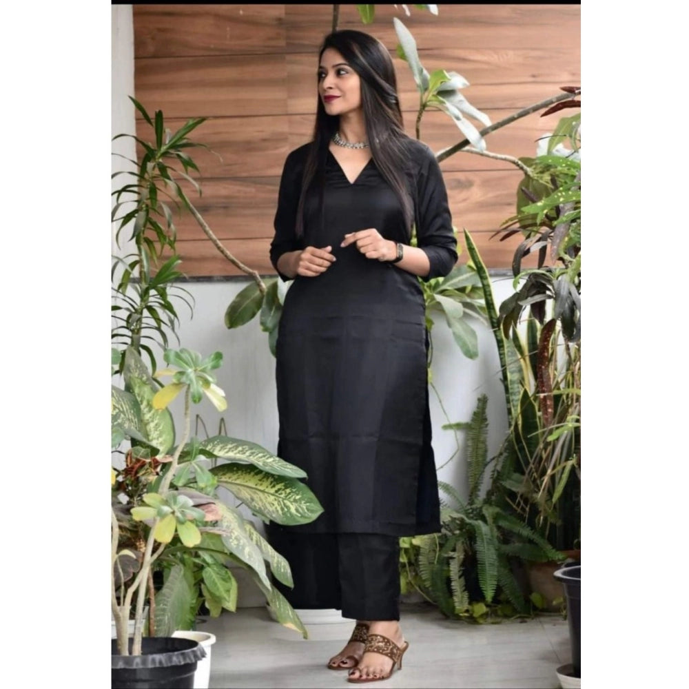 Generic Women's Casual 3/4th Sleeve Solid Jam Cotton kurti With Pant Set (Black)
