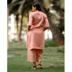 Generic Women's Casual 3/4th Sleeve Solid Cotton Cambric kurti With Pant Set (Peach)