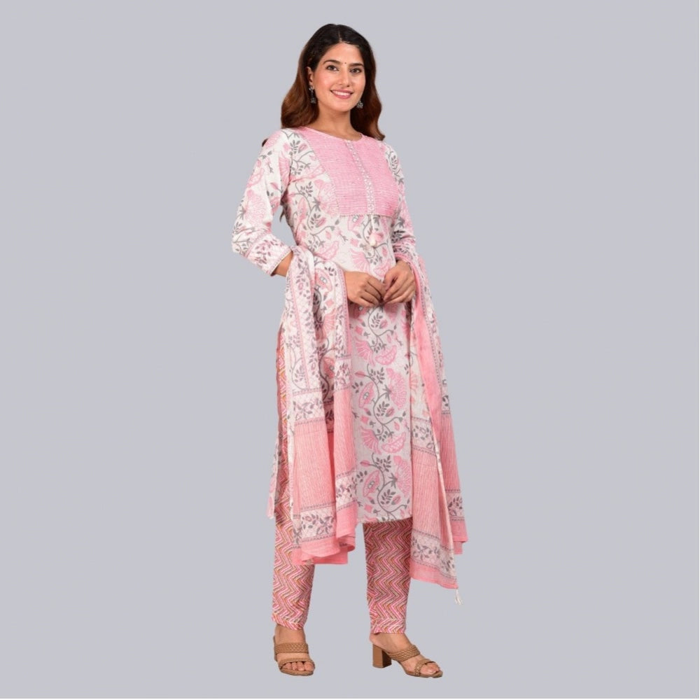 Generic Women's Casual 3/4 th Sleeve Floral Printed Cotton Kurti &amp; Pant With Dupatta (Baby Pink)