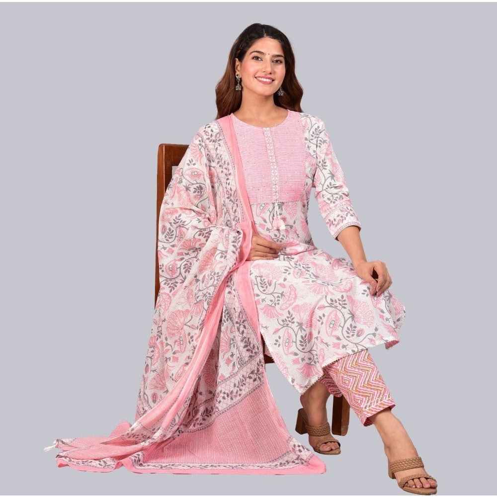 Generic Women's Casual 3/4 th Sleeve Floral Printed Cotton Kurti &amp; Pant With Dupatta (Baby Pink)